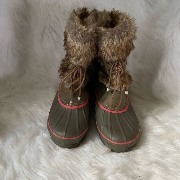KHOMBU snow boots leather & rubber olive green and orange with faux fur SZ8M - Picture 2 of 10